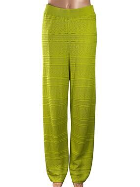 Simorra Green Knitted Eyelet High Waisted Palazzo Wide Leg Trousers Pants Size M